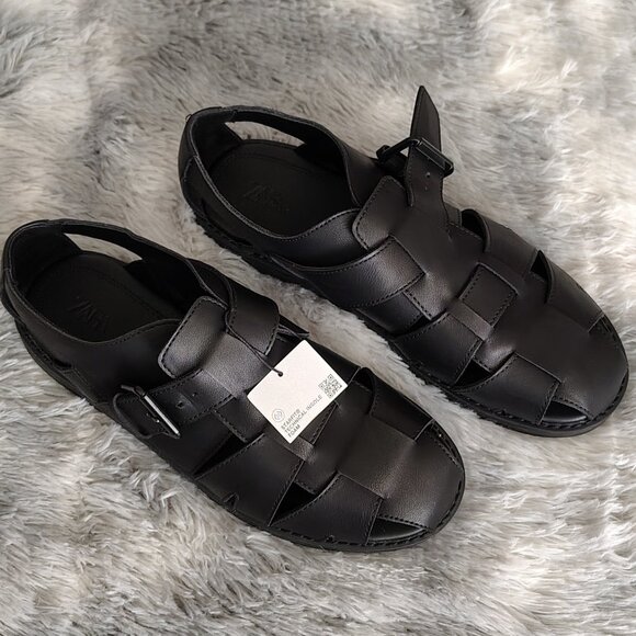 Men Zara Cage Buckle Up Sandals/Shoes Leather Black size (43 EUR) (10 USA) main image 11